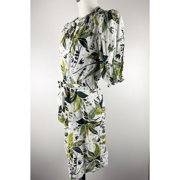Boden Sz US 10 Smocked Linen Shirt Dress White Floral Green Bird Leaves Resort - Picture 4 of 11